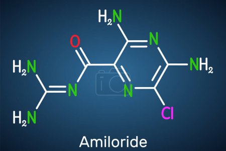 Illustration for Amiloride molecule. It is pyrizine compound used to treat hypertension, congestive heart failure. Structural chemical formula on the dark blue background. Vector illustration - Royalty Free Image