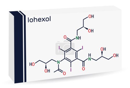 Illustration for Iohexol molecule. It is  contrast agent used in myelography and contrast enhancement for computerized tomography. Skeletal chemical formula. Paper packaging for drugs. Vector illustration - Royalty Free Image