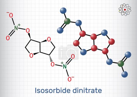 Illustration for Isosorbide dinitrate, ISDN molecule. It is vasodilator used to treat angina in coronary artery disease. Structural chemical formula, molecule model. Sheet of paper in a cage. Vector illustration - Royalty Free Image
