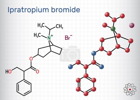 Ilustración de Molécula de bromuro de ipratropio. Es broncodilatador, antiespasmódico, medicamento anticolinérgico. Fórmula química estructural y modelo molecular. Hoja de papel en una jaula. Ilustración vectorial - Imagen libre de derechos