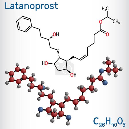 Illustration for Latanoprost molecule. It is isopropyl ester prodrug used to treat increased intraocular pressure. Structural chemical formula, molecule model. Vector illustration - Royalty Free Image