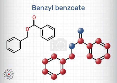 Téléchargez les illustrations : Molécule benzoate de benzyle. Il s'agit d'un traitement topique contre la gale et les poux. Formule chimique structurelle, modèle moléculaire. Feuille de papier en cage. Illustration vectorielle - en licence libre de droit