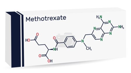 Ilustración de Metotrexato, molécula MTX. Es droga antineoplásica, usada el tratamiento del cáncer, de la psoriasis, de la artritis reumatoide. Fórmula química esquelética. Envases de papel para medicamentos. Ilustración vectorial - Imagen libre de derechos