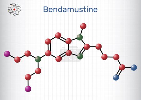 Illustration for Bendamustine molecule. It is alkylating agent, used in treatment of lymphocytic leukemia. Structural chemical formula, molecule model. Sheet of paper in a cage. Vector illustration - Royalty Free Image