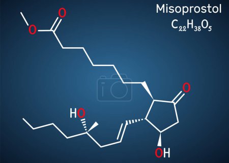 Illustration for Misoprostol molecule. It is prostaglandin E1 analogue, used to treat stomach, duodenal ulcers, induce labor, cause an abortion. Structural chemical formula on the dark blue background. Vector illustration - Royalty Free Image
