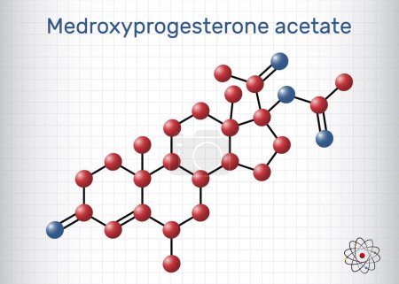 Ilustración de Acetato de medroxiprogesterona, MPA, acetato de medroxiprogesterona de depósito, molécula de DMPA. Es droga de la hormona de la progestina, anticonceptivo. Modelo molecular. Hoja de papel en una jaula. Ilustración vectorial - Imagen libre de derechos
