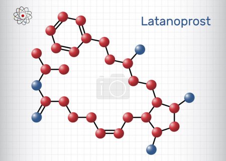 Illustration for Latanoprost molecule. It is isopropyl ester prodrug used to treat increased intraocular pressure. Structural chemical formula, molecule model. Sheet of paper in a cage. Vector illustration - Royalty Free Image