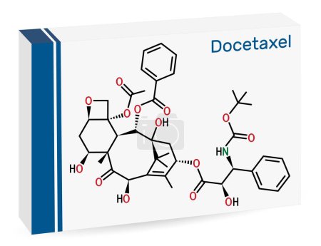 Téléchargez les illustrations : Docétaxel, molécule DTX ou DXL. C'est un agent antinéoplasique taxoïde utilisé dans le traitement de divers cancers. Formule chimique squelettique. Emballage de papier pour drogues. Illustration vectorielle - en licence libre de droit