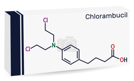 Illustration for Chlorambucil molecule. It is chemotherapy agent used in the treatment of lymphocytic leukemia, malignant lymphomas. Skeletal chemical formula. Paper packaging for drugs. Vector illustration - Royalty Free Image