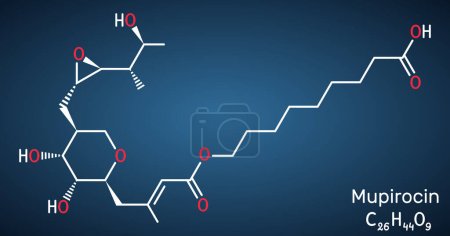 Illustration for Mupirocin molecule. It is antibacterial ointment used to treat impetigo and skin infections. Structural chemical formula on the dark blue background. Vector illustration - Royalty Free Image