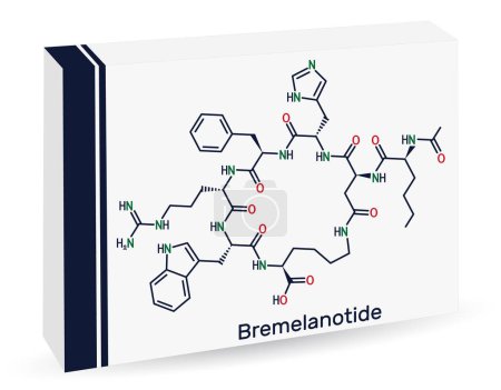 Illustration for Bremelanotide molecule. It is 7 amino acid peptide used to treat hypoactive sexual desire disorder in women. Skeletal chemical formula. Paper packaging for drugs. Vector illustration - Royalty Free Image