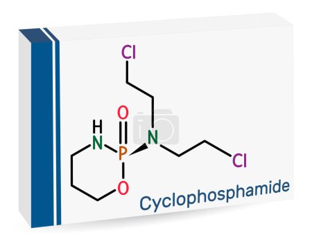 Illustration for Cyclophosphamide, cytophosphane, CP molecule. It is alkylating agent used in the treatment of several forms of cancer. Skeletal chemical formula. Paper packaging for drugs. Vector illustration - Royalty Free Image