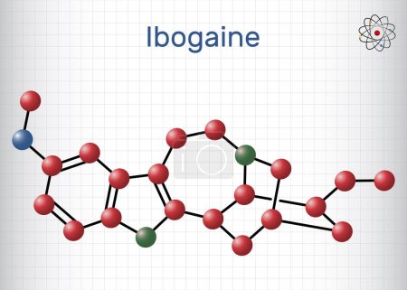 Illustration for Ibogaine molecule. It is monoterpenoid indole alkaloid, psychoactive substance, hallucinogen, psychedelic. Structural chemical formula, molecule model. Sheet of paper in a cage. Vector illustration - Royalty Free Image