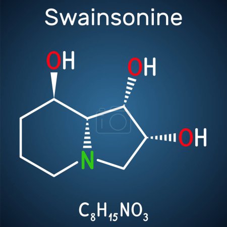 Téléchargez les illustrations : Swainsonine, molécule de tridolgosir. C'est alcaloïde d'indolizidine de la plante Swainsona, avec l'activité immunomodulatrice. Formule chimique structurelle sur le fond bleu foncé. Illustration vectorielle - en licence libre de droit