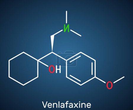 Illustration for Venlafaxine antidepressant  drug molecule. It is used for the treatment of major depression. Structural chemical formula on the dark blue background. Vector illustration - Royalty Free Image