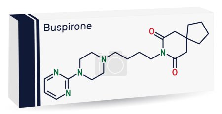 Illustration for Buspirone molecule. It is anxiolytic drug for treatment of anxiety, depression. Skeletal chemical formula. Paper packaging for drugs. Vector illustration - Royalty Free Image