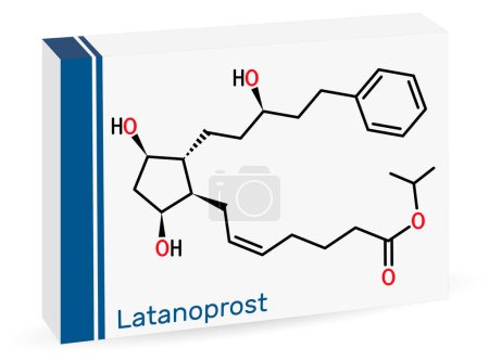 Illustration for Latanoprost molecule. It is isopropyl ester prodrug used to treat increased intraocular pressure. Skeletal chemical formula. Paper packaging for drugs. Vector illustration - Royalty Free Image
