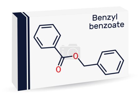 Illustration for Benzyl benzoate molecule. It is topical treatment for scabies and lice. Skeletal chemical formula. Paper packaging for drugs. Vector illustration - Royalty Free Image