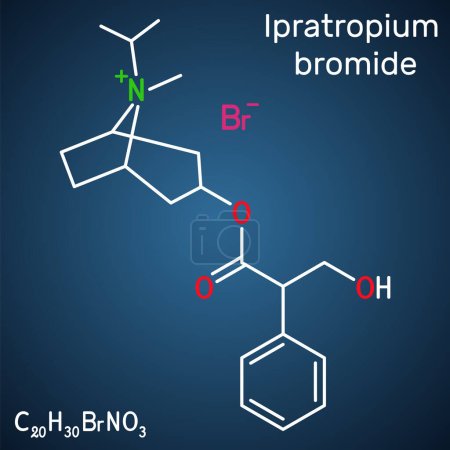 Illustration for Ipratropium bromide molecule. It is bronchodilator, antispasmodic, anticholinergic drug. Structural chemical formula on the dark blue background. Vector illustration - Royalty Free Image
