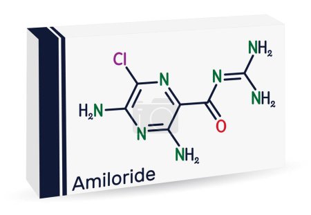 Illustration for Amiloride molecule. It is pyrizine compound used to treat hypertension, congestive heart failure. Skeletal chemical formula. Paper packaging for drugs. Vector illustration - Royalty Free Image