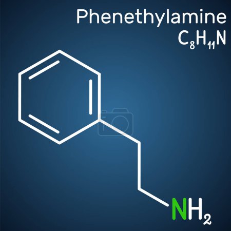 Illustration for Phenethylamine, PEA molecule. It is monoamine alkaloid, central nervous system stimulant in humans. Structural chemical formula on the dark blue background. Vector illustration - Royalty Free Image