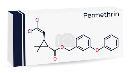 Illustration for Permethrin molecule. It is insecticide and medication, used in treatment of lice infestations and scabies. Skeletal chemical formula. Paper packaging for drugs. Vector illustration - Royalty Free Image