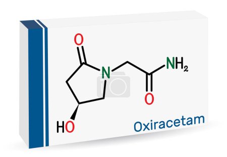 Illustration for Oxiracetam molecule. It is is a nootropic drug of the racetam family, very mild stimulant. Skeletal chemical formula. Paper packaging for drugs. Vector illustration - Royalty Free Image