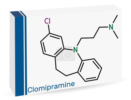 Illustration for Clomipramine molecule. It is tricyclic antidepressant used in the treatment of  depression, schizophrenia. Skeletal chemical formula. Paper packaging for drugs. Vector illustration - Royalty Free Image