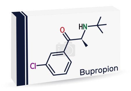 Téléchargez les illustrations : Molécule de bupropion. Il est antidépresseur aminocétone, utilisé dans le traitement de la dépression et l'arrêt du tabagisme. Formule chimique squelettique. Emballage de papier pour drogues. Illustration vectorielle - en licence libre de droit