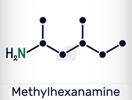 Ilustración de Metilhexanamina, metilhexamina, dimetilamilamina, molécula DMAA. Es alquilamina, droga simpaticomimética indirecta. Fórmula química esquelética. Ilustración vectorial - Imagen libre de derechos