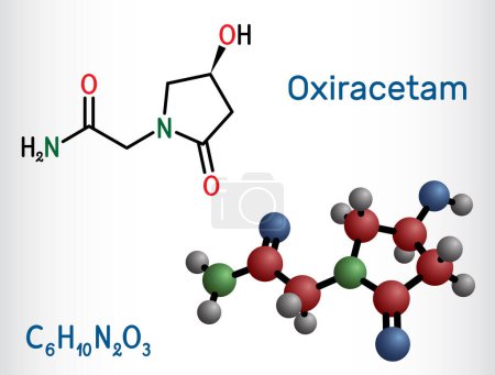 Illustration for Oxiracetam molecule. It is is a nootropic drug of the racetam family, very mild stimulant. Structural chemical formula and molecule model. Vector illustration - Royalty Free Image