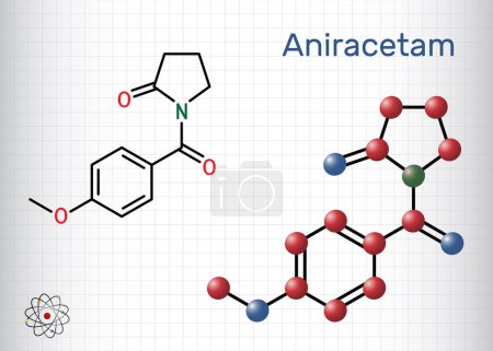 Illustration for Aniracetam molecule. It is nootropic drug used to ameliorate memory, attention disturbances. Structural chemical formula, molecule model. Sheet of paper in a cage. Vector illustration - Royalty Free Image