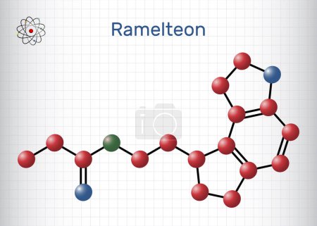 Illustration for Ramelteon molecule. It is sleep agent, melatonin receptor agonist used to treat insomnia. Structural chemical formula, molecule model. Sheet of paper in a cage. Vector illustration - Royalty Free Image