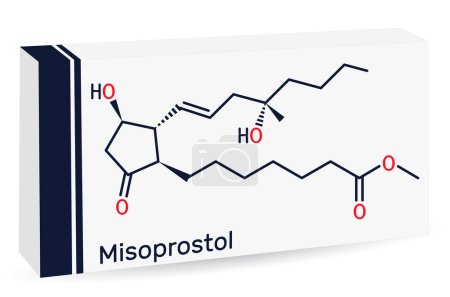 Illustration for Misoprostol molecule. It is prostaglandin E1 analogue, used to treat stomach, duodenal ulcers, induce labor, cause an abortion. Skeletal chemical formula. Paper packaging for drugs. Vector illustration - Royalty Free Image