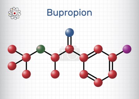 Illustration for Bupropion molecule. It is aminoketone antidepressant, used in therapy of depression and smoking cessation. Structural chemical formula, molecule model. Sheet of paper in a cage. Vector illustration - Royalty Free Image