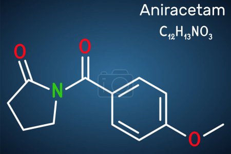 Illustration for Aniracetam molecule. It is nootropic drug used to ameliorate memory, attention disturbances. Structural chemical formula on the dark blue background. Vector illustration - Royalty Free Image