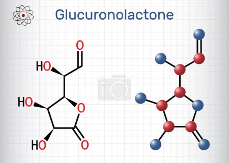 Ilustración de Molécula de glucuronolactona. Es una sustancia natural, utilizada en bebidas energéticas. Fórmula química estructural y modelo molecular. Hoja de papel en una jaula. Ilustración vectorial - Imagen libre de derechos