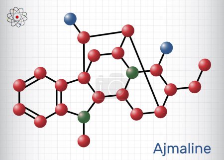 Illustration for Ajmaline molecule. It is alkaloid, antiarrhythmic used to manage a variety of forms of tachycardias. Structural chemical formula, molecule model. Sheet of paper in a cage. Vector illustration - Royalty Free Image