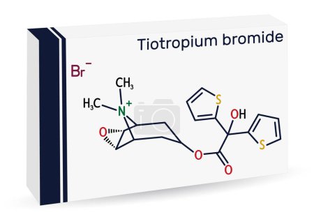 Illustration for Tiotropium bromide molecule. Antimuscarinic bronchodilator used in the tratement of chronic obstructive pulmonary disease COPD, asthma. Skeletal chemical formula. Paper packaging for drugs. Vector illustration - Royalty Free Image