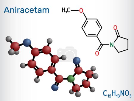 Illustration for Aniracetam molecule. It is nootropic drug used to ameliorate memory, attention disturbances. Structural chemical formula, molecule model. Vector illustration - Royalty Free Image