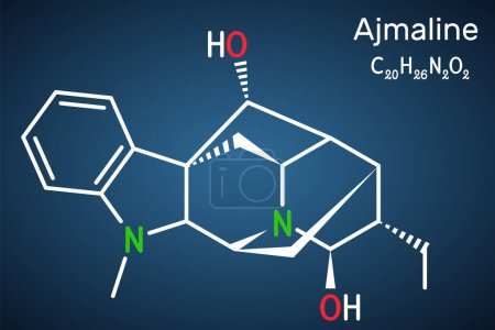 Illustration for Ajmaline molecule. It is alkaloid, antiarrhythmic used to manage a variety of forms of tachycardias. Structural chemical formula on the dark blue background. Vector illustration - Royalty Free Image