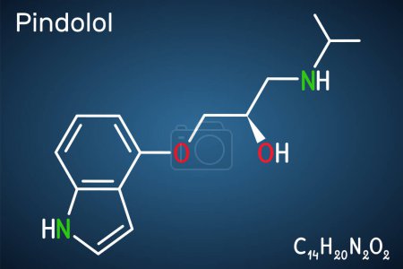 Illustration for Pindolol molecule. It is nonselective beta adrenergic receptor blocker, used to treat hypertension, edema. Structural chemical formula on the dark blue background. Vector illustration - Royalty Free Image