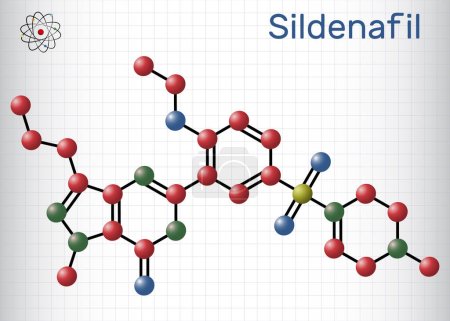 Ilustración de Molécula de sildenafilo. Es medicamento para el tratamiento de la disfunción eréctil. Fórmula química esquelética. Envases de papel para medicamentos. Ilustración vectorial - Imagen libre de derechos