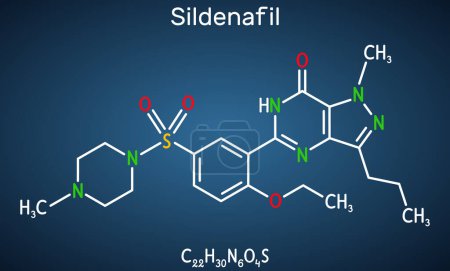 Ilustración de Molécula de sildenafilo. Es medicamento para el tratamiento de la disfunción eréctil. Fórmula química estructural sobre el fondo azul oscuro. Ilustración vectorial - Imagen libre de derechos