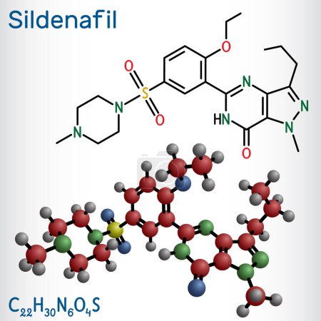 Ilustración de Molécula de sildenafilo. Es medicamento para el tratamiento de la disfunción eréctil. Fórmula química estructural, modelo molecular. Ilustración vectorial - Imagen libre de derechos