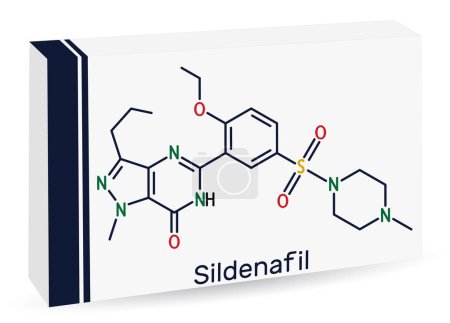 Ilustración de Molécula de sildenafilo. Es medicamento para el tratamiento de la disfunción eréctil. Fórmula química esquelética. Envases de papel para medicamentos. Ilustración vectorial - Imagen libre de derechos