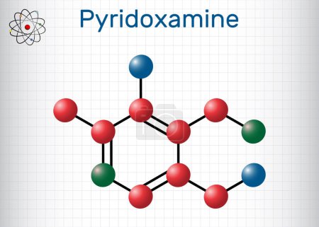 Illustration for Pyridoxamine molecule. It is form of vitamin B6. Molecule model. Sheet of paper in a cage. Vector illustration - Royalty Free Image