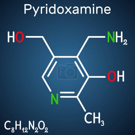 Téléchargez les illustrations : Molécule de pyridoxamine. C'est une forme de vitamine B6. Formule chimique structurelle sur le fond bleu foncé. Illustration vectorielle - en licence libre de droit