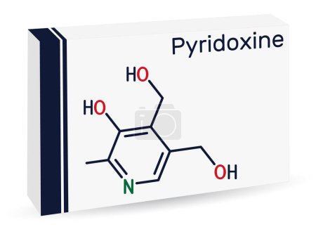 Illustration for Pyridoxine molecule. It is form of vitamin B6. Skeletal chemical formula. Paper packaging for drugs. Vector illustration - Royalty Free Image