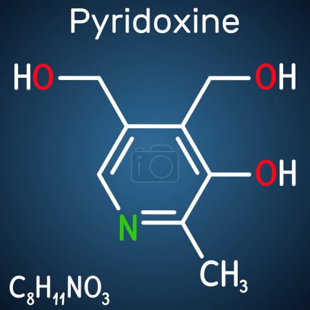 Illustration for Pyridoxine molecule. It is form of vitamin B6. Structural chemical formula on the dark blue background. Vector illustration - Royalty Free Image